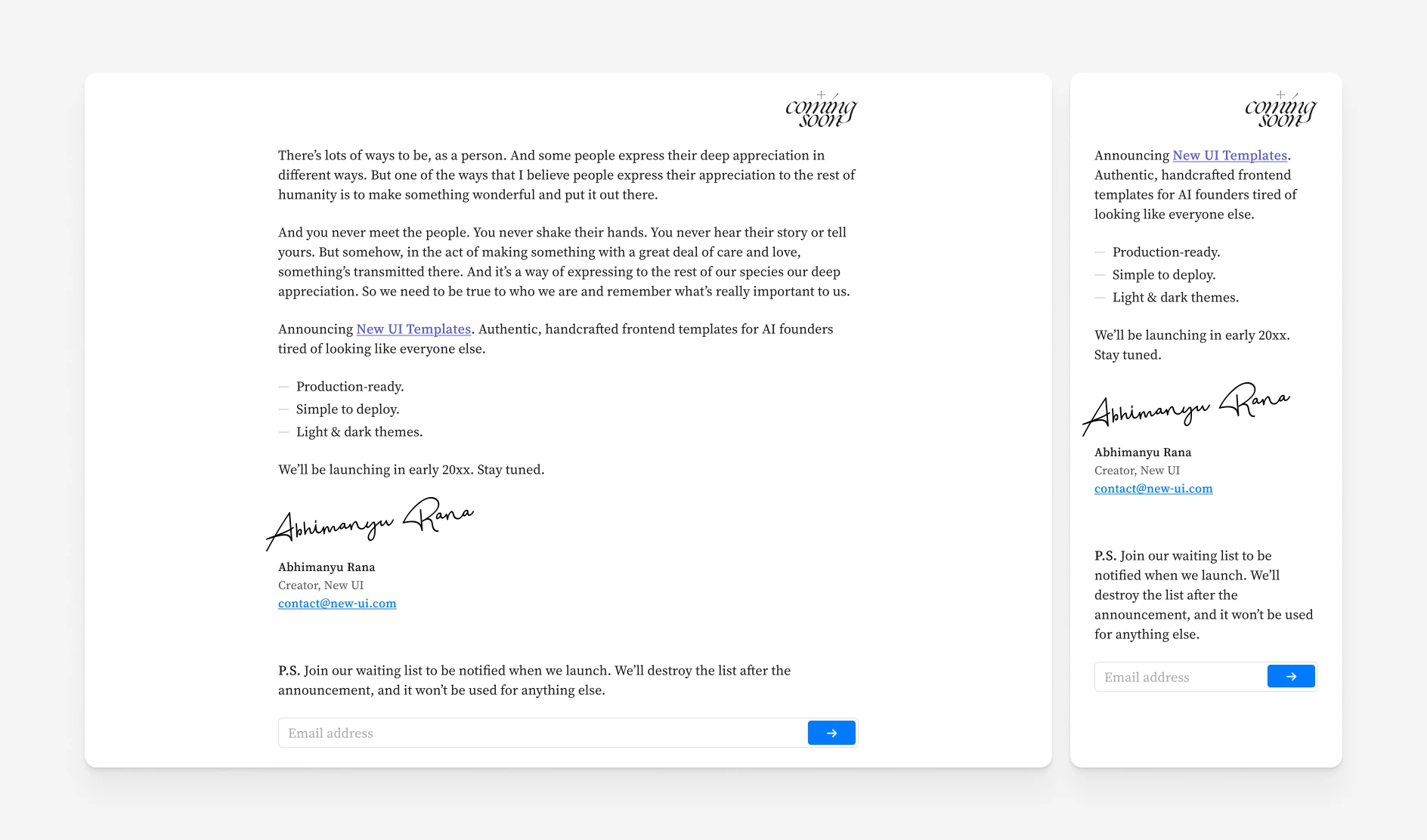 Coming Soon template preview - simple pre-launch page design